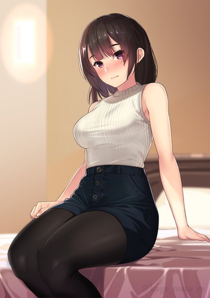 Anime picture 1771x2508 with original kagematsuri single long hair tall image looking at viewer blush fringe highres breasts brown hair sitting purple eyes bare shoulders indoors blunt bangs blurry depth of field sleeveless legwear under shorts