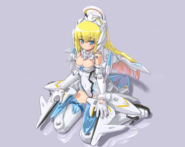 Anime picture 1024x819 with busou shinki single long hair blush blue eyes simple background blonde hair grey background mechanical wings girl bodysuit