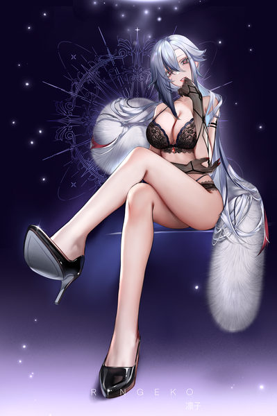Anime picture 4636x6964 with genshin impact arlecchino (genshin impact) ringeko-chan single long hair tall image looking at viewer fringe highres breasts light erotic hair between eyes large breasts sitting signed absurdres silver hair full body bent knee (knees) nail polish