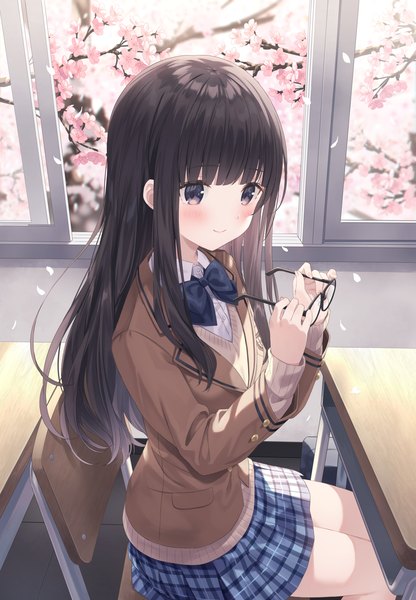 Anime picture 2452x3536 with original jimmy madomagi single long hair tall image looking at viewer blush fringe highres black hair smile sitting indoors blunt bangs long sleeves black eyes cherry blossoms plaid skirt spring eyewear removed