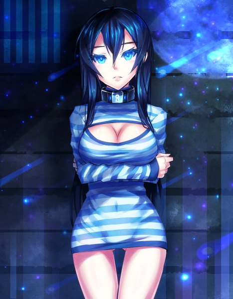 Anime picture 1000x1284 with original samael single long hair tall image looking at viewer fringe short hair breasts blue eyes light erotic hair between eyes standing blue hair cleavage crossed legs ass visible through thighs cleavage cutout girl navel