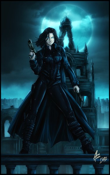 Anime picture 1024x1619 with marvel comics selene (marvel) diabolumberto single tall image looking at viewer short hair black hair cloud (clouds) aqua eyes lips realistic night sky coloring city girl gun building (buildings) cloak full moon