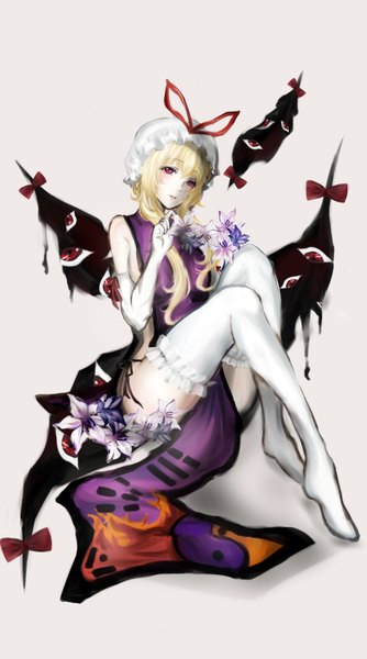 Anime picture 1951x3500 with touhou yakumo yukari himeki single long hair tall image highres light erotic blonde hair red eyes payot wide hips yin yang girl thighhighs gloves underwear panties flower (flowers) white thighhighs