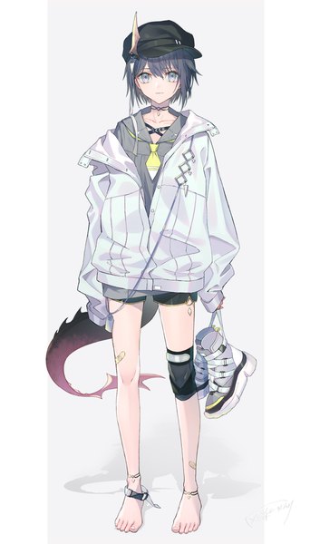 Anime picture 1200x2100 with original haizome senri single tall image looking at viewer short hair black hair standing holding full body tail barefoot horn (horns) off shoulder grey eyes expressionless partially open clothes shoes removed dragon tail pillarboxed
