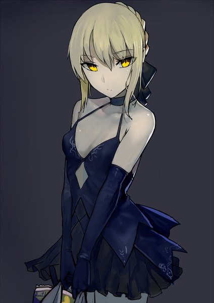Anime picture 744x1052 with fate (series) fate/grand order fate/stay night artoria pendragon (all) saber saber alter walzrj single tall image looking at viewer fringe short hair simple background blonde hair hair between eyes bare shoulders holding yellow eyes payot cleavage