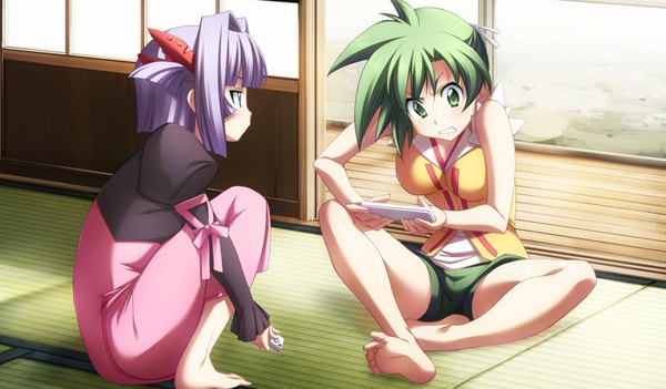 Anime picture 1024x600 with jinki feel (studio) short hair wide image multiple girls green eyes game cg purple hair green hair girl 2 girls shorts