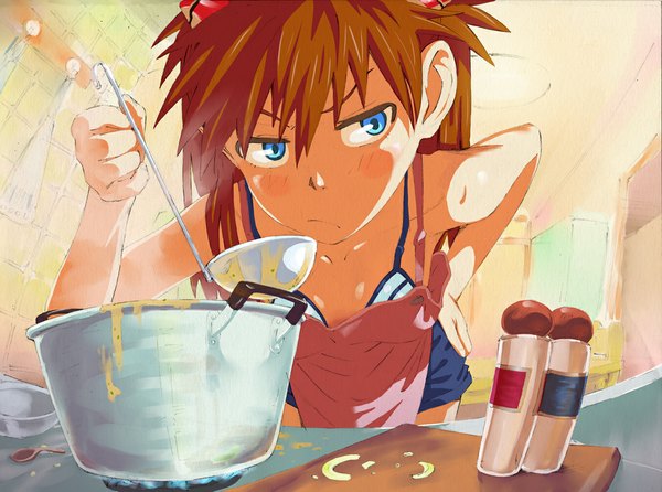 Anime picture 1100x818 with neon genesis evangelion rebuild of evangelion evangelion: 2.0 you can (not) advance gainax soryu asuka langley single blush blue eyes looking away orange hair cooking girl apron spoon