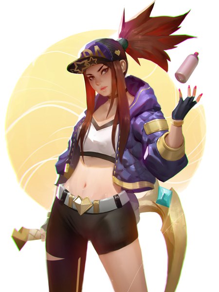 Anime picture 2048x2732 with league of legends k/da (league of legends) akali (league of legends) k/da akali mangamie single long hair tall image looking at viewer highres brown hair standing brown eyes payot ponytail nail polish open jacket midriff star print girl