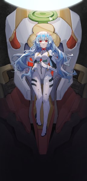 Anime picture 1990x4145 with neon genesis evangelion rebuild of evangelion evangelion: 3.0+1.0 thrice upon a time gainax ayanami rei eva 00 sentter single long hair tall image looking at viewer fringe highres light erotic hair between eyes red eyes blue hair full body bent knee (knees) parted lips