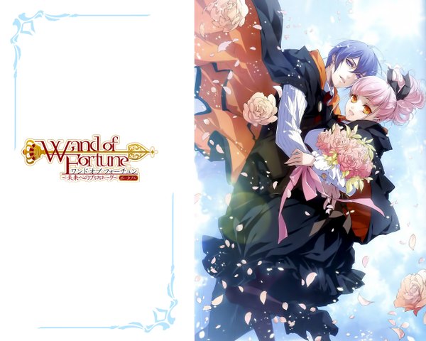 Anime picture 1280x1024 with wand of fortune idea factory lulu (wand of fortune) julius fortner usuba kagerou looking at viewer short hair open mouth blue eyes blue hair pink hair scan orange eyes hug girl dress boy flower (flowers) bow hair bow