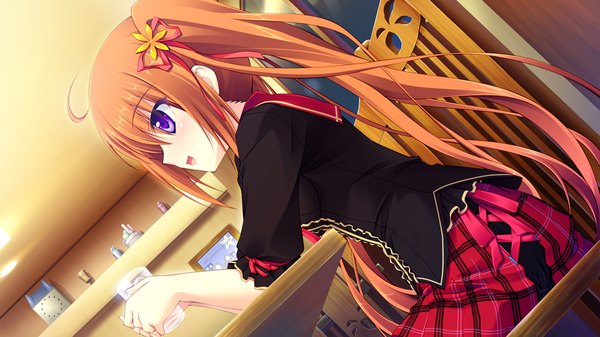 Anime picture 1024x576 with lovely quest long hair open mouth wide image purple eyes twintails game cg orange hair girl uniform ribbon (ribbons) hair ribbon school uniform