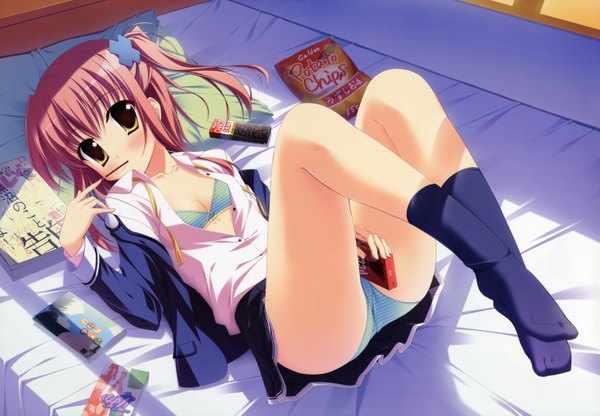 Anime picture 6012x4178 with blush highres light erotic twintails brown eyes red hair open clothes open shirt short twintails underwear panties serafuku chips
