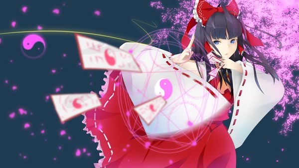 Anime picture 2560x1440 with touhou hakurei reimu ankh (ankh 05) single long hair looking at viewer highres blue eyes black hair wide image traditional clothes magic dark background miko girl bow hair bow petals magic circle ofuda