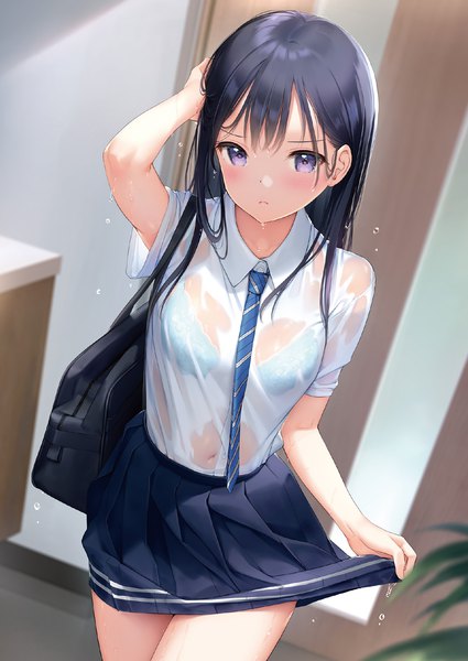 Anime picture 1433x2024 with original mignon single long hair tall image looking at viewer blush fringe light erotic standing purple eyes blue hair indoors arm up blurry short sleeves wet covered navel skirt lift wet clothes