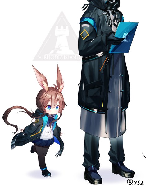 Anime picture 1176x1500 with arknights amiya (arknights) doctor (arknights) qys3 long hair tall image fringe blue eyes simple background hair between eyes brown hair standing white background holding signed animal ears payot looking away full body ahoge