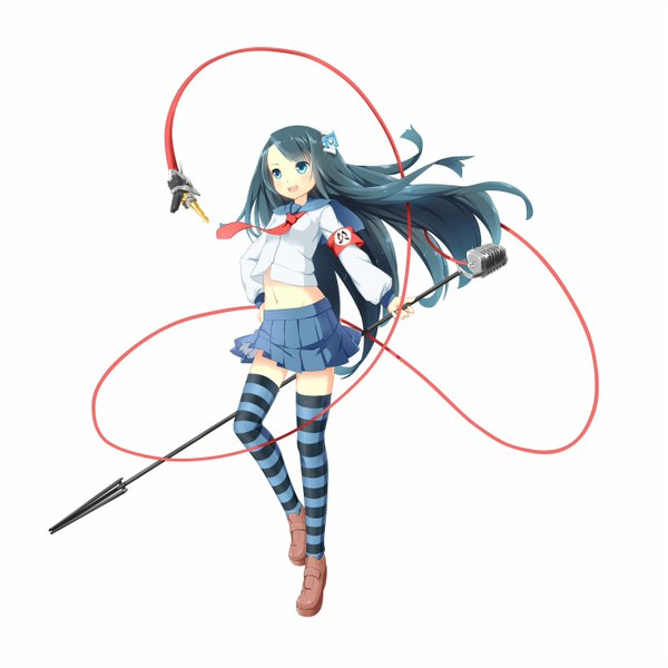 Anime picture 1500x1500 with original blvefo9 single long hair open mouth blue eyes black hair simple background white background zettai ryouiki girl thighhighs skirt serafuku necktie striped thighhighs wire (wires) microphone stand