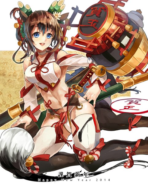 Anime picture 804x1000 with original himuro (dobu no hotori) single tall image breasts open mouth blue eyes light erotic smile brown hair midriff kneeling sideboob calligraphy stamp girl navel hair ornament ribbon (ribbons) weapon