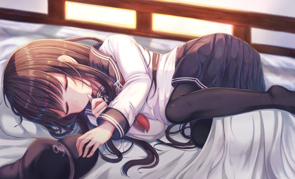 Anime picture 2020x1229 with kantai collection akatsuki destroyer kyuupura single long hair highres brown hair wide image lying eyes closed long sleeves pleated skirt finger to mouth on side sleeping hat removed headwear removed girl skirt uniform