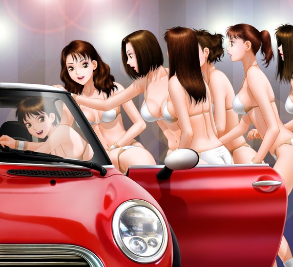 Anime picture 1550x1418 with original mini cooper toshiki yui long hair looking at viewer blush short hair breasts open mouth light erotic smile brown hair large breasts twintails bare shoulders multiple girls brown eyes cleavage ass ponytail