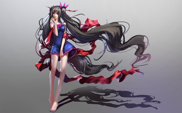 Anime picture 1600x997 with original minhoo single looking at viewer black hair red eyes wide image twintails very long hair wind grey background bare legs shadow girl dress hair ornament