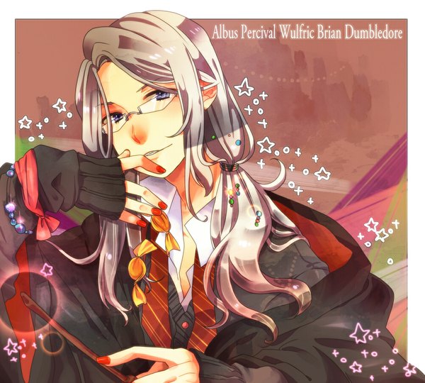 Anime picture 1000x900 with harry potter albus dumbledore single long hair red eyes purple eyes signed silver hair inscription boy glasses bracelet candy wand