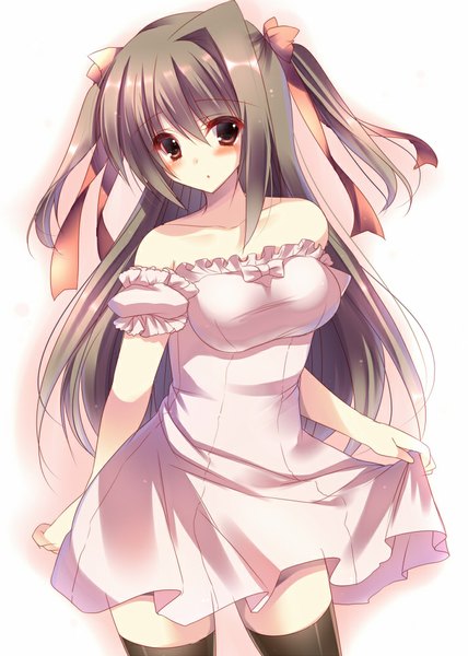 Anime picture 714x1000 with original amane ruri single long hair tall image looking at viewer blush black hair simple background white background brown eyes head tilt dress lift girl thighhighs dress ribbon (ribbons) black thighhighs hair ribbon