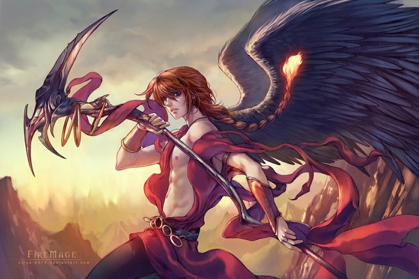 Anime picture 1125x750 with mobile suit gundam gundam wing sunrise (studio) duo maxwell virus-ac74 single long hair blue eyes red hair realistic single braid topless black wings boy weapon wings fire scythe