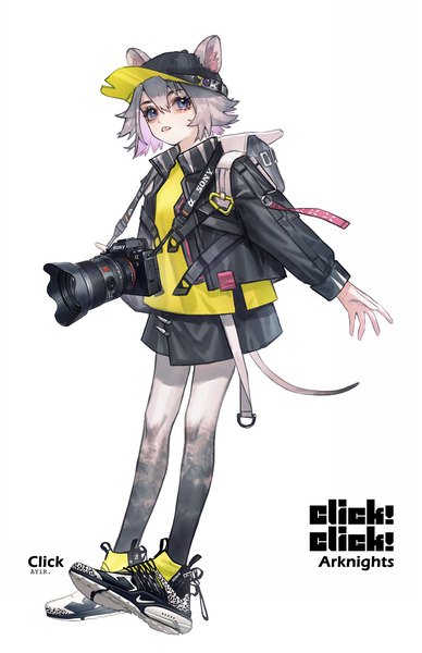 Anime picture 841x1300 with arknights nike click (arknights) ange-yi single tall image fringe short hair simple background hair between eyes white background animal ears full body tail animal tail grey hair open jacket grey eyes copyright name character names