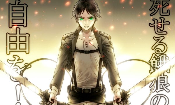 Anime picture 1000x600 with shingeki no kyojin production i.g eren yaeger single looking at viewer short hair black hair wide image holding green eyes inscription dual wielding boy weapon sword jacket huge weapon huge sword