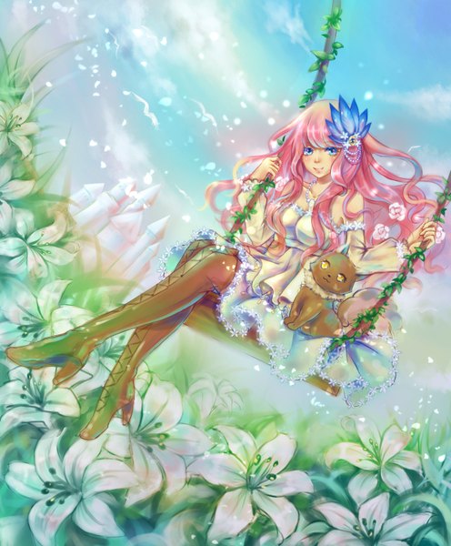 Anime picture 2400x2900 with vocaloid megurine luka daphne zhang single long hair tall image fringe highres breasts holding pink hair cloud (clouds) aqua eyes light smile alternate costume girl dress hair ornament flower (flowers) animal