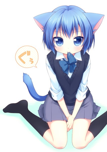 Anime picture 850x1200 with original onka usashiro mani single tall image looking at viewer blush short hair blue eyes simple background white background sitting animal ears blue hair tail animal tail from above cat ears cat tail no shoes