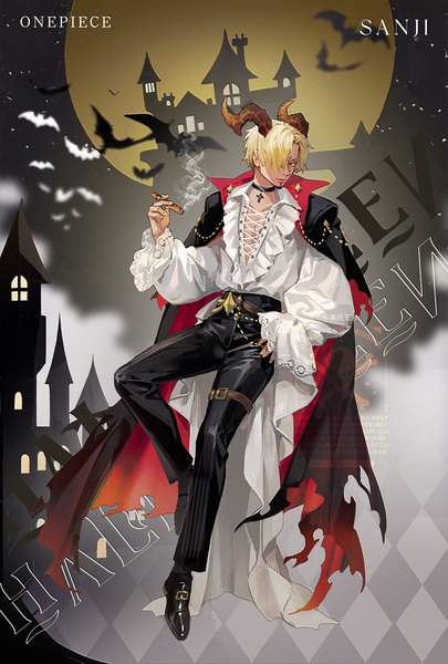 Anime picture 1080x1599 with one piece toei animation sanji dywx poison single tall image looking at viewer fringe short hair blonde hair full body horn (horns) hair over one eye copyright name character names hand on hip halloween clothes on shoulders boy animal