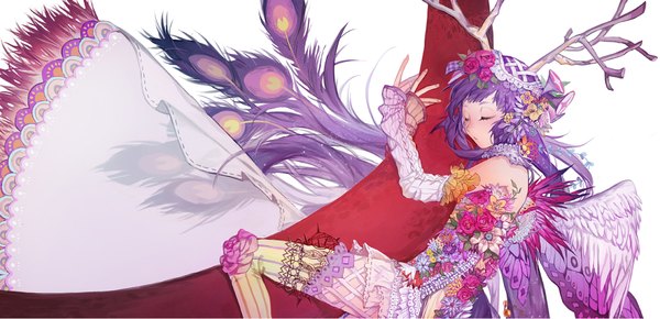 Anime picture 1860x900 with original biji single long hair blush highres wide image purple hair eyes closed hair flower horn (horns) hug transparent girl thighhighs hair ornament flower (flowers) plant (plants) detached sleeves wings