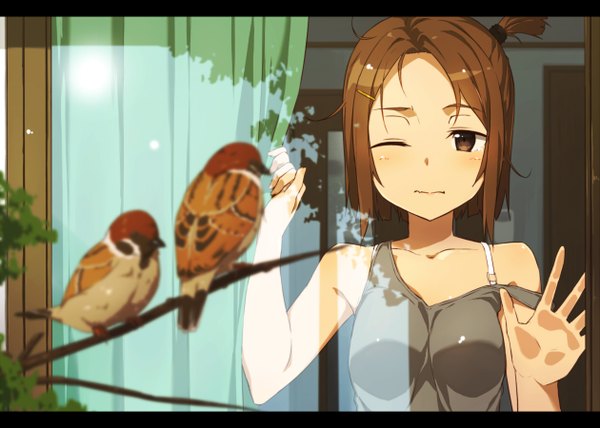 Anime picture 1259x900 with original kinta (distortion) single blush short hair breasts light erotic brown hair brown eyes looking away upper body indoors one eye closed sunlight blurry off shoulder shadow depth of field side ponytail reflection