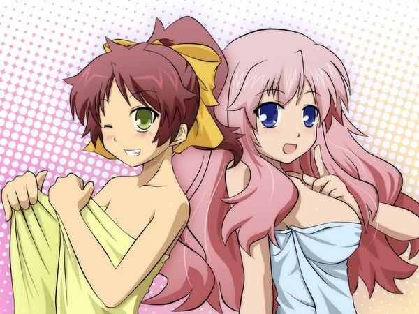 Anime picture 1000x750 with baka to test to shoukanjuu silver link himeji mizuki shimada minami barokkusu (artist) long hair looking at viewer blush light erotic purple eyes multiple girls green eyes pink hair ponytail red hair one eye closed wink naked towel open towel girl