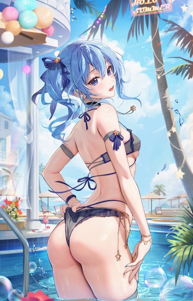 Anime picture 2572x4000 with virtual youtuber hololive hoshimachi suisei houkisei single long hair tall image looking at viewer blush fringe highres breasts open mouth blue eyes light erotic smile hair between eyes standing payot blue hair