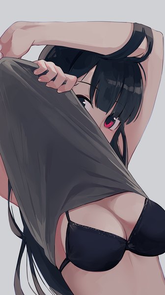 Anime picture 840x1500 with original hiroki (yyqw7151) single long hair tall image looking at viewer blush fringe breasts light erotic black hair simple background red eyes large breasts upper body blunt bangs head tilt grey background arms up undressing