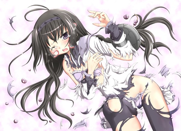 Anime picture 1990x1450 with mahou shoujo madoka magica shaft (studio) akemi homura single long hair blush highres open mouth light erotic black hair simple background white background purple eyes one eye closed wink tears torn clothes torn pantyhose torn panties girl