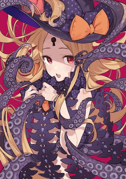Anime picture 724x1024 with fate (series) fate/grand order abigail williams (fate) abigail williams (second ascension) (fate) teshima nari single long hair tall image looking at viewer open mouth light erotic blonde hair red eyes upper body shaded face pink background girl bow hat key