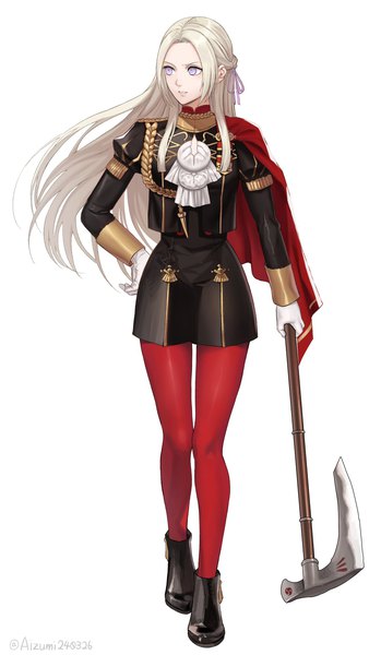 Anime picture 1162x2000 with fire emblem fire emblem: three houses nintendo edelgard von hresvelg aizumi240326 single long hair tall image simple background standing white background purple eyes holding looking away full body white hair long sleeves hand on hip girl gloves