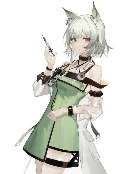 Anime picture 2480x3508 with arknights kal'tsit (arknights) luozhou pile single tall image looking at viewer highres short hair simple background standing white background green eyes animal ears silver hair girl dress transparent clothing green dress syringe stethoscope