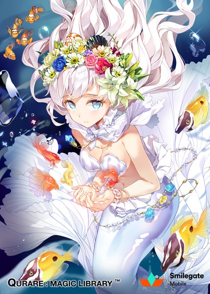 Anime picture 600x840 with qurare: magic library gilse single long hair tall image looking at viewer blue eyes cleavage white hair hair flower copyright name floating hair outstretched arm groin pale skin underwater monster girl girl navel hair ornament