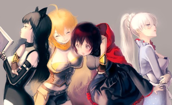 Anime picture 1754x1068 with rwby rooster teeth ruby rose weiss schnee blake belladonna yang xiao long hyotan (artist) long hair blush highres short hair black hair blonde hair wide image standing multiple girls holding white hair ponytail red hair