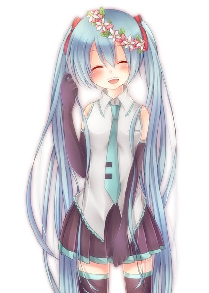 Anime picture 800x1120 with vocaloid hatsune miku komomo (ptkrx) single tall image blush fringe open mouth simple background smile hair between eyes standing white background twintails payot blue hair eyes closed very long hair head tilt pleated skirt
