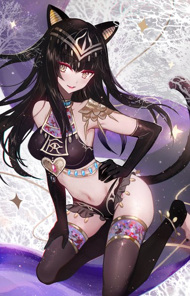 Anime picture 1200x1868 with original juexing (moemoe3345) single tall image fringe light erotic black hair smile hair between eyes bare shoulders animal ears yellow eyes looking away full body tail nail polish traditional clothes animal tail cat ears bare belly