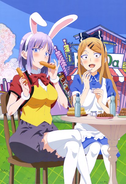 Anime picture 4087x5947 with dagashi kashi nyantype feel (studio) umaibou shidare hotaru endou saya (dagashi kashi) long hair tall image blush highres short hair open mouth blue eyes blonde hair sitting multiple girls brown eyes animal ears absurdres purple hair