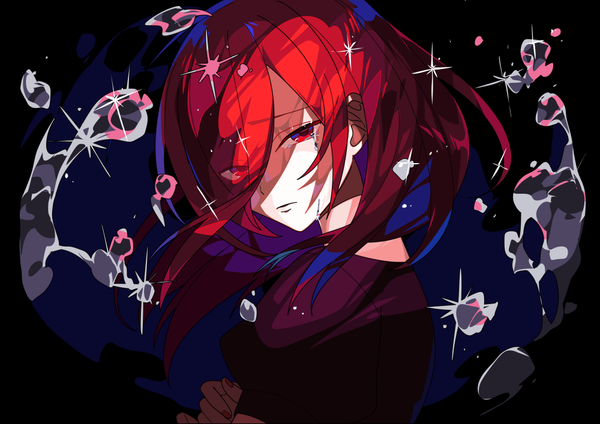 Anime picture 1000x707 with houseki no kuni cinnabar (houseki no kuni) hanasaki coa single long hair looking at viewer fringe red eyes upper body red hair looking back hair over one eye sparkle tears shaded face crying androgynous mercury