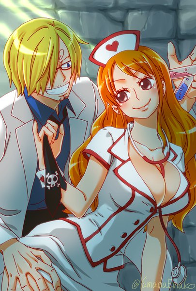 Anime picture 1378x2039 with one piece toei animation nami (one piece) sanji yamadaenako long hair tall image blush fringe short hair breasts blue eyes light erotic blonde hair smile large breasts holding signed looking away cleavage