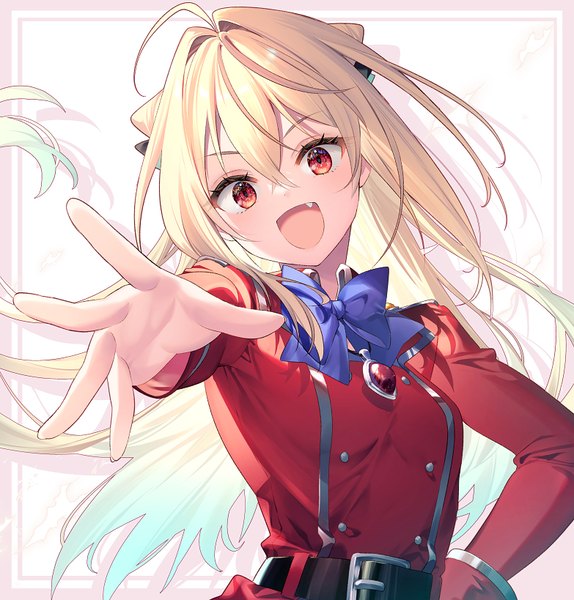 Anime picture 783x819 with hikikomari kyuuketsuki no monmon project no.9 terakomari gandezblood riichu single long hair tall image looking at viewer fringe open mouth blonde hair hair between eyes red eyes upper body :d hair bun (hair buns) fang (fangs) hand on hip border outstretched hand