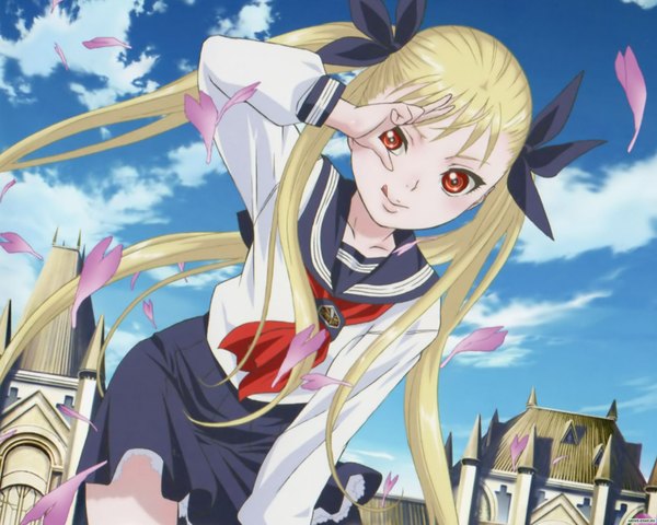 Anime picture 1920x1536 with dance in the vampire bund shaft (studio) mina tepes single long hair highres blonde hair red eyes twintails sky cloud (clouds) loli :p girl uniform school uniform petals serafuku tongue castle